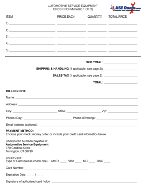 Automotive Service Equipment Order Form