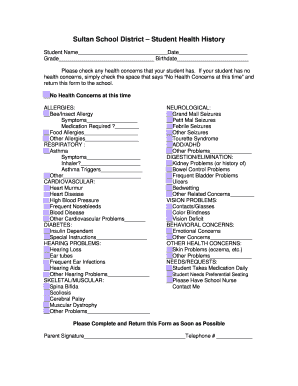 Sultan School District Student Health History Form