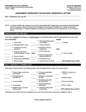 Assessment Worksheet for Natural Residential Setting