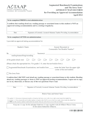 Arkansas Affidavit Waiver Form for Testing Accommodations