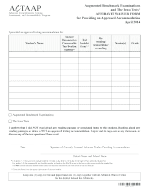 Arkansas Affidavit Waiver Form for Testing Accommodations