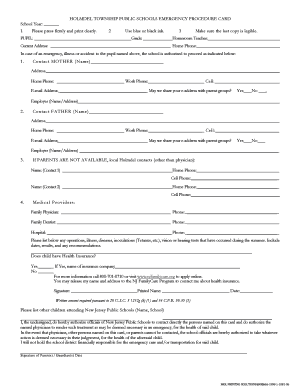 Holmdel Township Public Schools Emergency Procedure Card