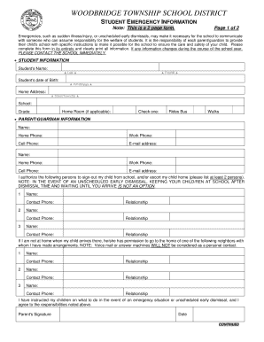 Woodbridge Township Student Emergency Information Form