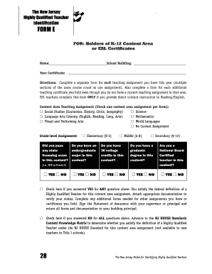 New Jersey Highly Qualified Teacher Identification Form