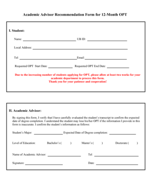 Academic Advisor Recommendation Form for OPT