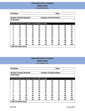 Afterschool Snack Program Daily Count Form