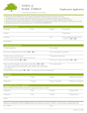 Employment Application for Town of Wake Forest