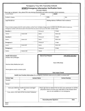New Jersey Sports Emergency Information Verification Form