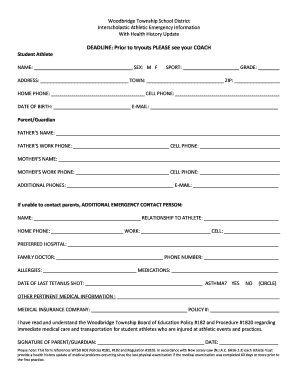 Woodbridge Township School District Interscholastic Athletic Emergency Information Form