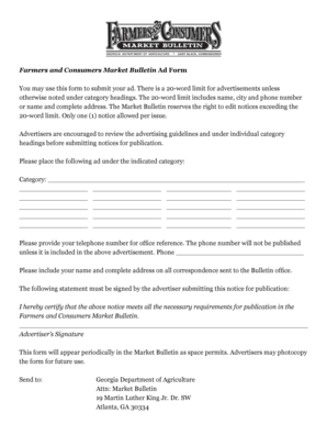 Farmers and Consumers Market Bulletin Ad Form