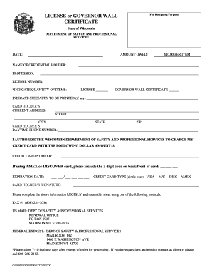 Wisconsin License or Governor Wall Certificate Receipt