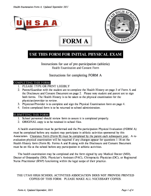 Utah High School Athletic Health Examination Form
