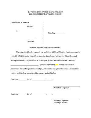 US Federal Waiver of Detention Hearing