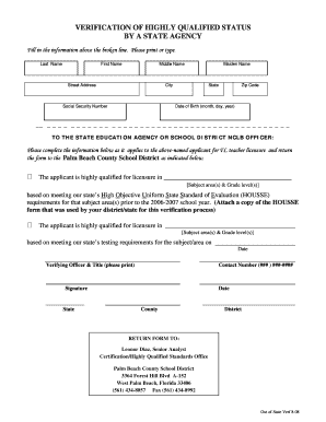 Florida Highly Qualified Teacher Verification Form