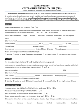 Kings County Subsidized Child Care Eligibility Application