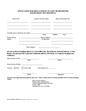 FAA Application for Replacement of Lost Knowledge Test Report