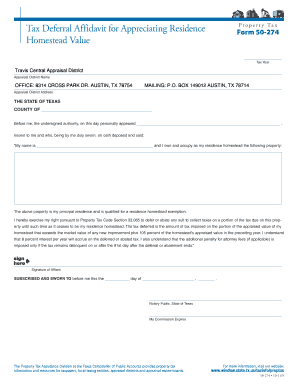 Texas Tax Deferral Affidavit for Appreciating Residence Property