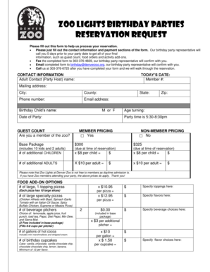 Zoo Lights Birthday Party Reservation Request