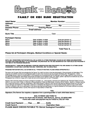Denver Zoo Bunk Registration Form