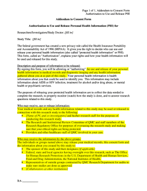 Addendum to Consent Form for PHI Release