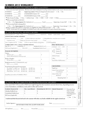 Summer 2013 Financial Aid Worksheet