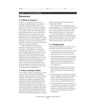 Biology Chapter 1 Summary Worksheet