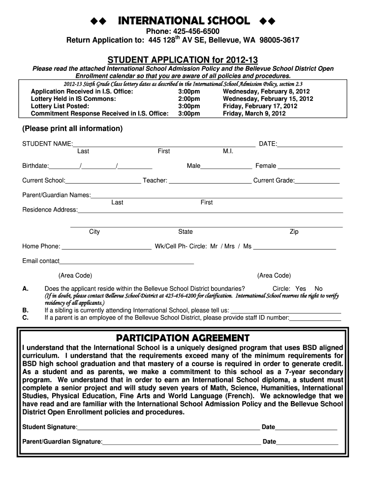 Fillable Online bsd405 INTERNATIONAL SCHOOL Bellevue School District