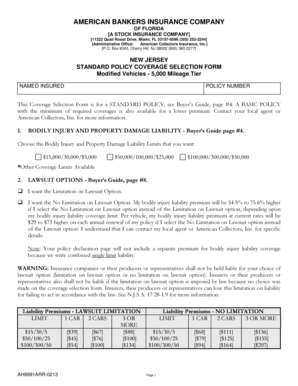 New Jersey Standard Policy Coverage Selection Form