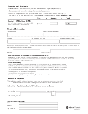 Student 10-Ride Card Order Form