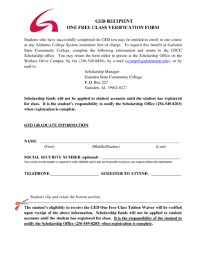 GED Recipient One Free Class Verification Form