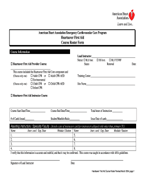 Heartsaver First Aid Course Roster Form