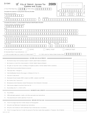 City of Detroit Income Tax Form D-1041 2009