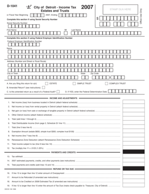 Detroit Income Tax Form D-1041 2007