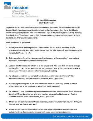 IRS Form 990 Preparation Client Questionnaire