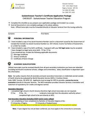 Saskatchewan Teacher's Certificate Application Package