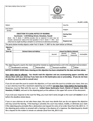 Objection to Claim Notice of Hearing