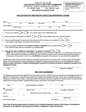 Oklahoma Used Motor Vehicle Salesperson License Application