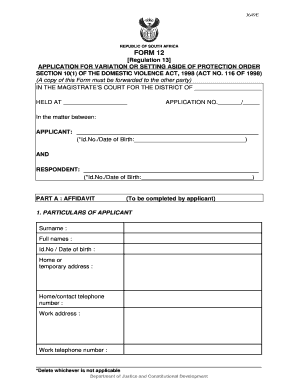 South Africa Form 12 Application for Variation or Setting Aside of Protection Order
