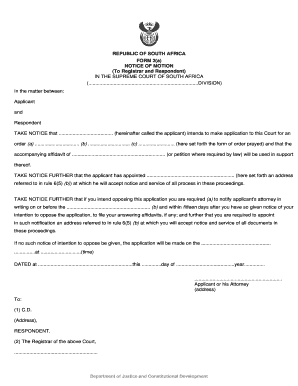 South Africa Notice of Motion Form 2(a)
