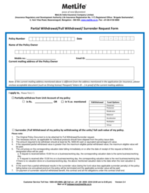 MetLife India Partial/Full Withdrawal/Surrender Request Form