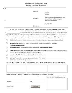 Certificate of Service for Adversary Proceeding