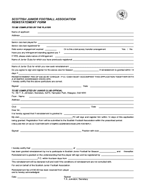 Scottish Junior Football Reinstatement Form