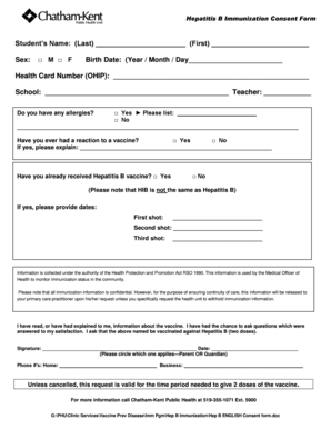 Hepatitis B Immunization Consent Form