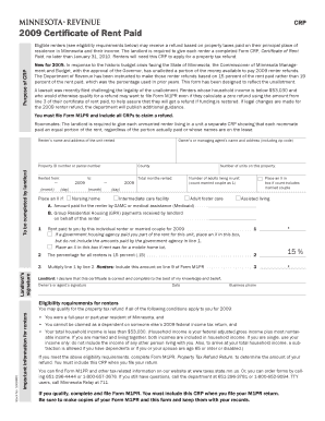2009 Minnesota Certificate of Rent Paid
