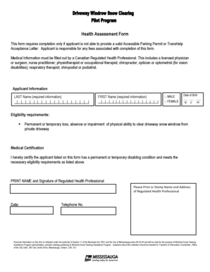 Health Assessment Form for Snow Clearing Assistance