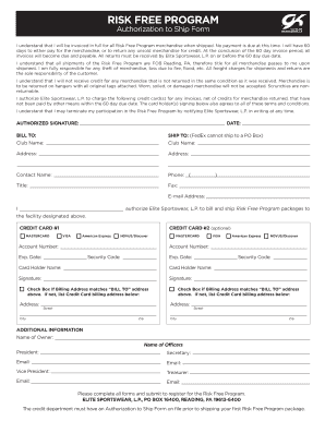 Risk Free Program Authorization to Ship Form