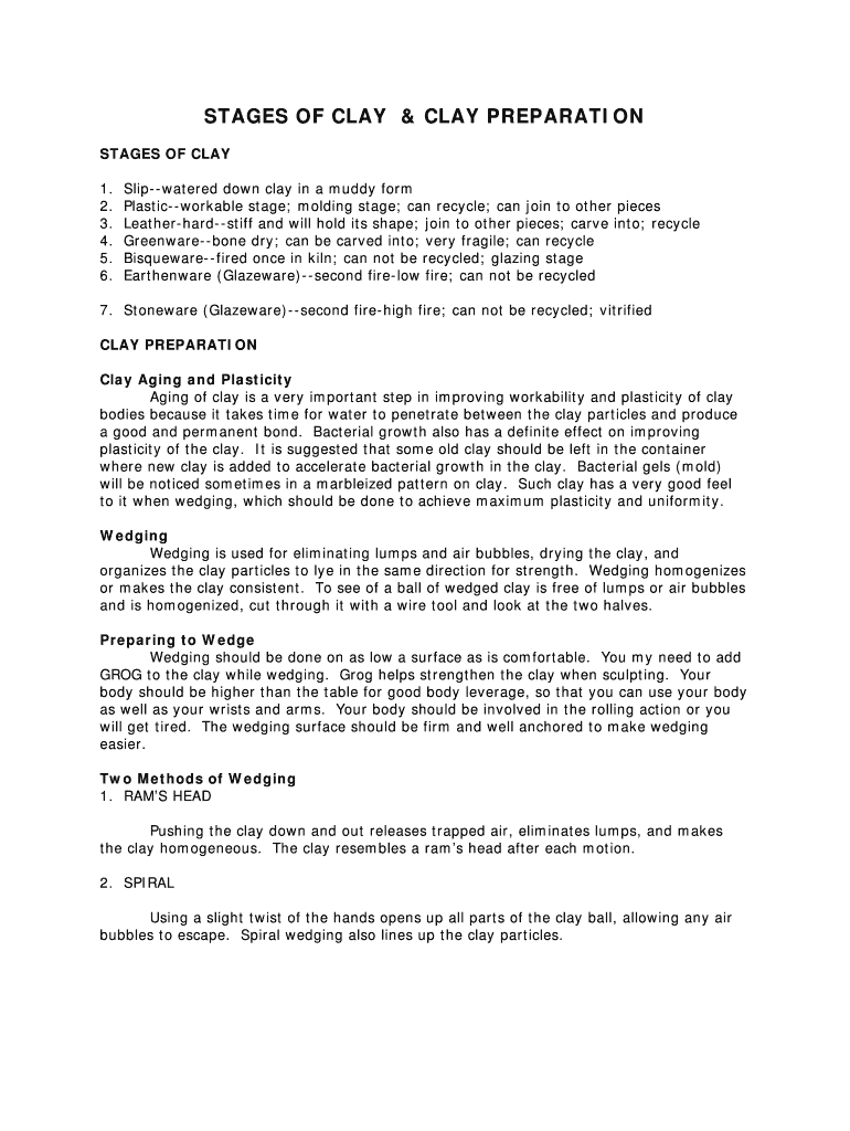 Fillable Online STAGES OF CLAY & CLAY PREPARATION Fax Email Print