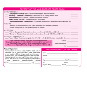 Odyssey of the Mind Product Order Form