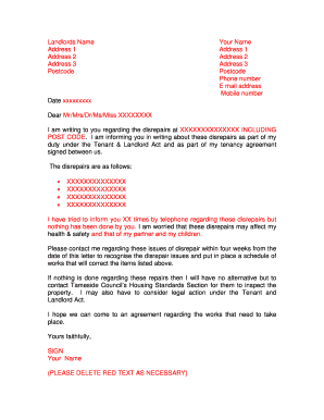 Tenant Complaint Letter Regarding Disrepair at a Property. A template letter that a tenant can use to inform the landlord about disrepairs at a property. - tameside gov