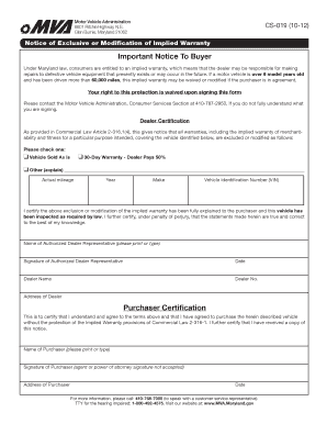 Maryland Implied Warranty Waiver Form